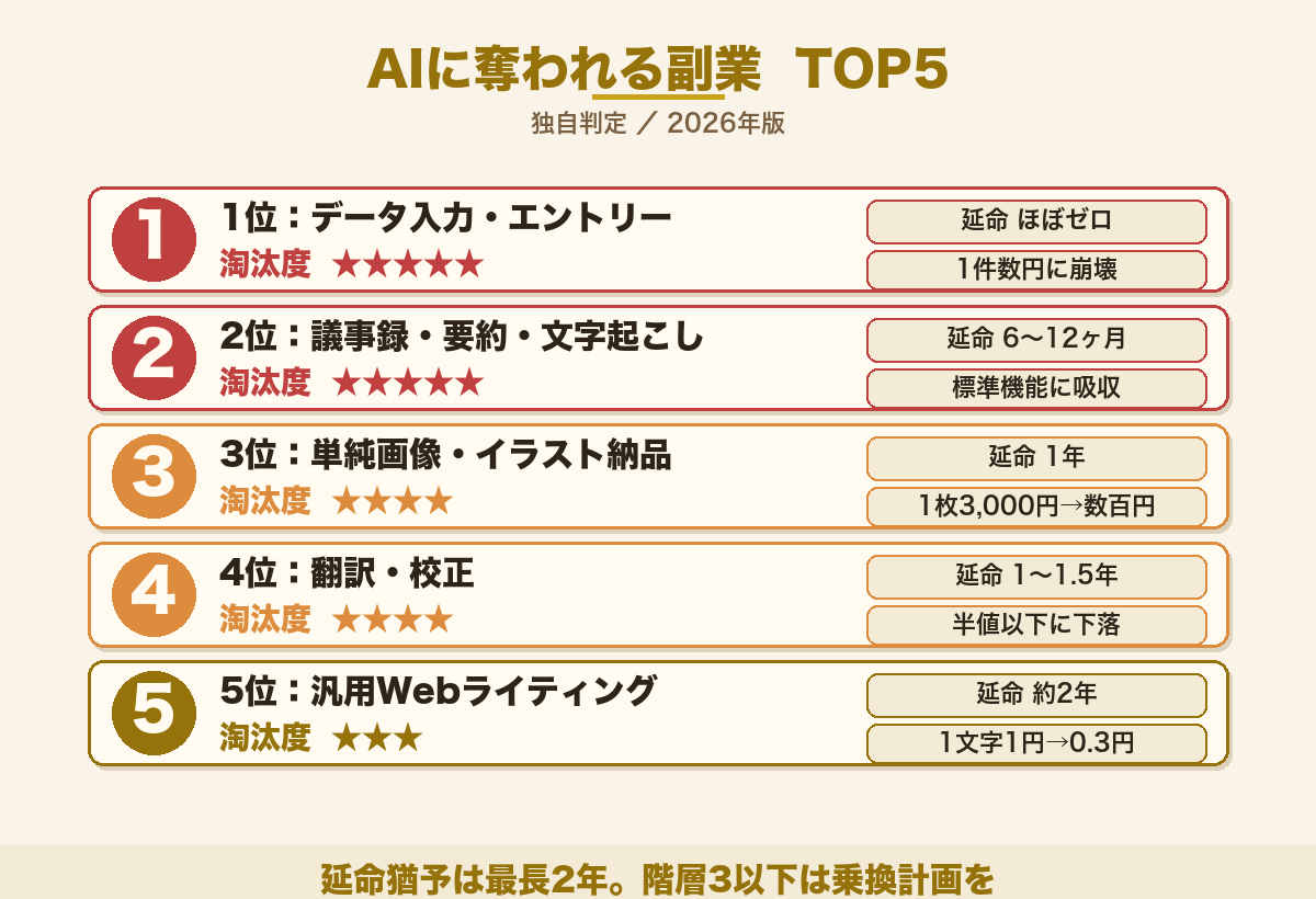 AIに奪われる副業TOP5ランキング（淘汰度・延命期間・単価変化つき）