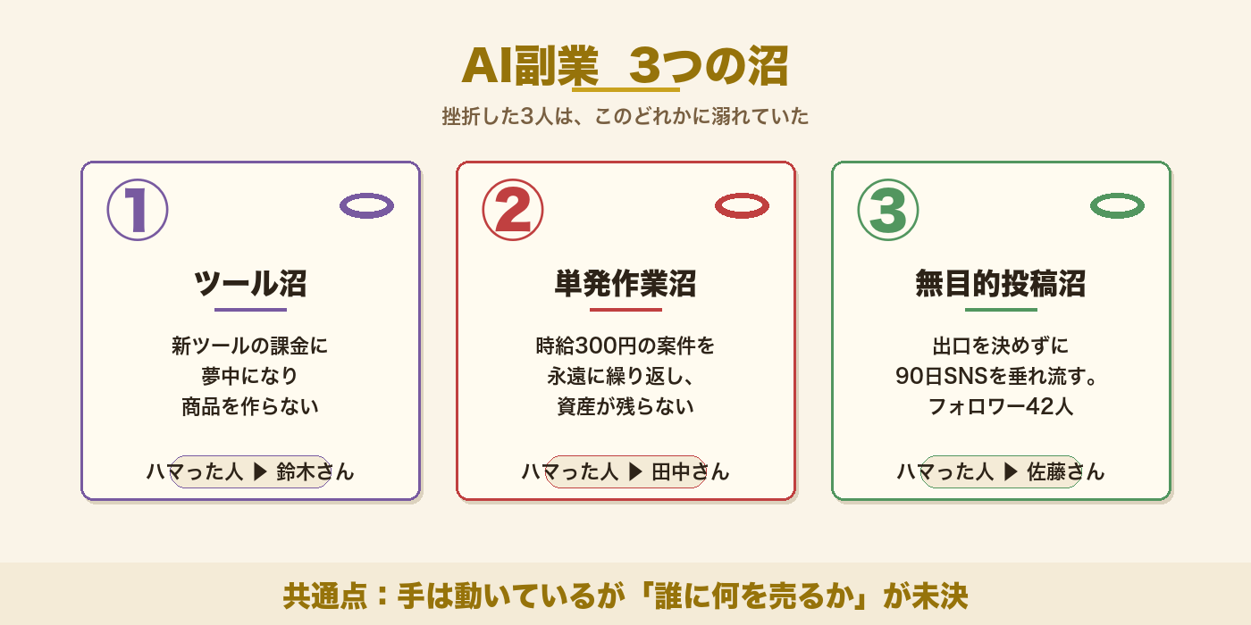 AI副業3つの沼（ツール沼・単発作業沼・無目的投稿沼）の図解