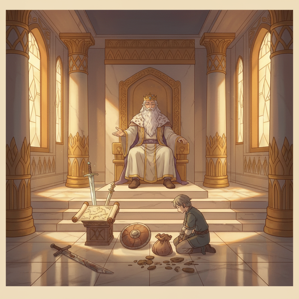 副業の辞め時を見抜く7つのシグナル｜古代神殿で錬金術師王が冒険者に装備の付け替えを示す幻想的アイキャッチ