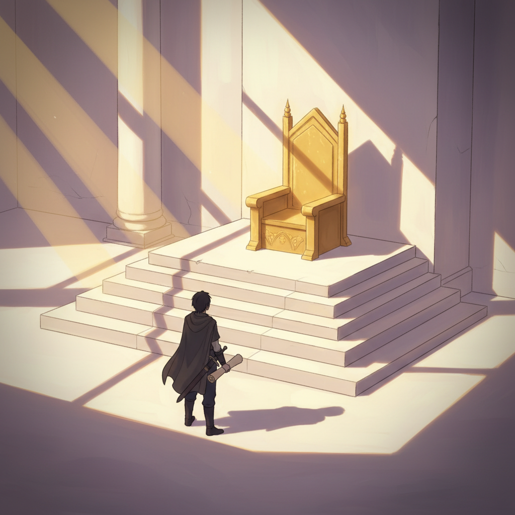 三段の祭壇に続く王座の前に立つ冒険者：盤面を変える者が労働を卒業するというまとめ画像