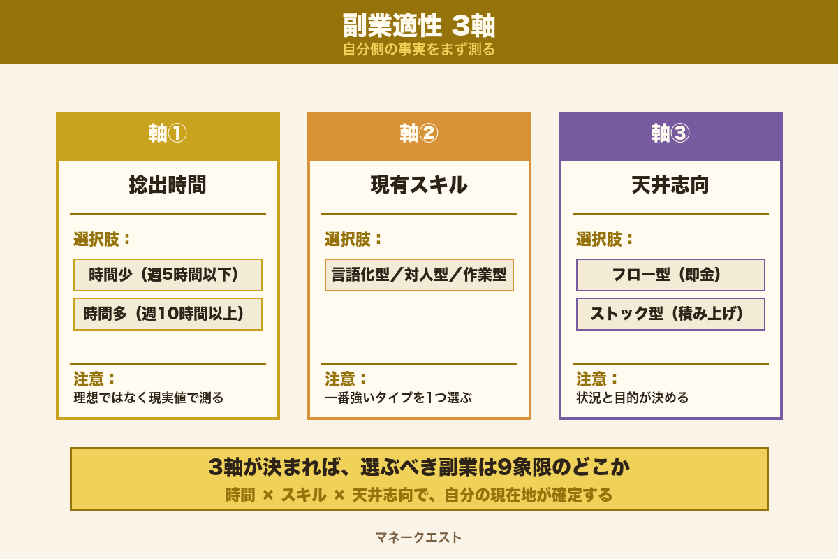 副業適性3軸の説明図｜捻出時間×現有スキル×天井志向の3次元軸