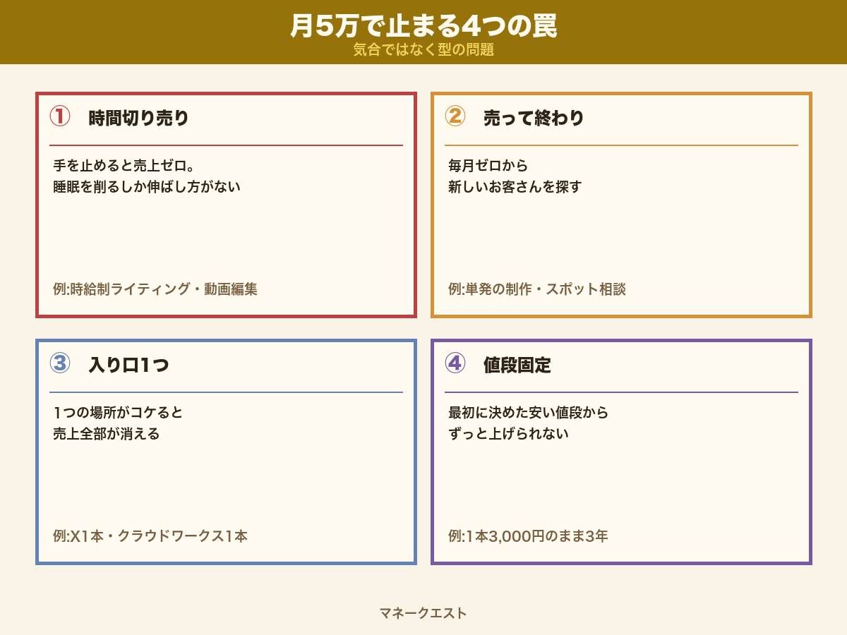 月5万で止まる4つの罠（時間切り売り／売って終わり／入り口1つ／値段固定）の2x2比較表