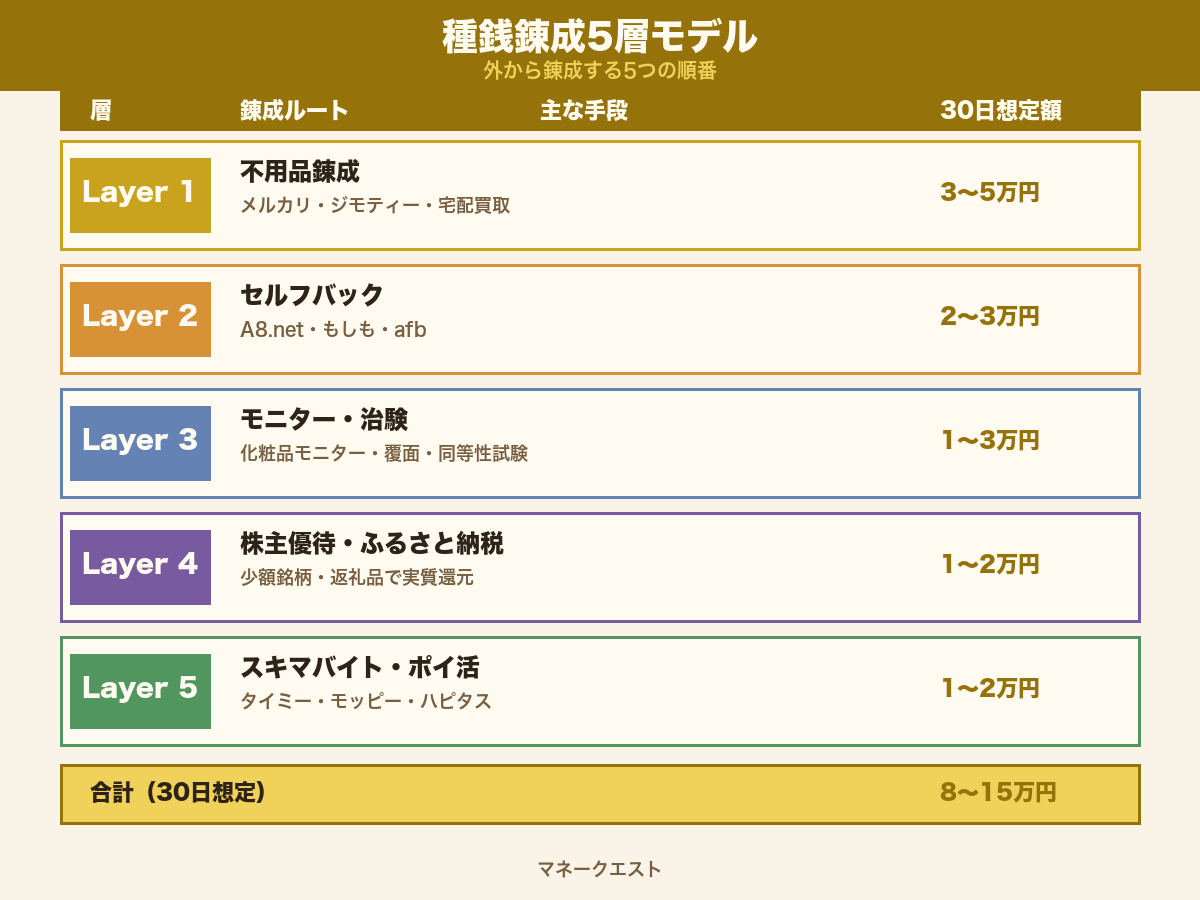 種銭錬成5層モデルの全体図と30日タイムライン