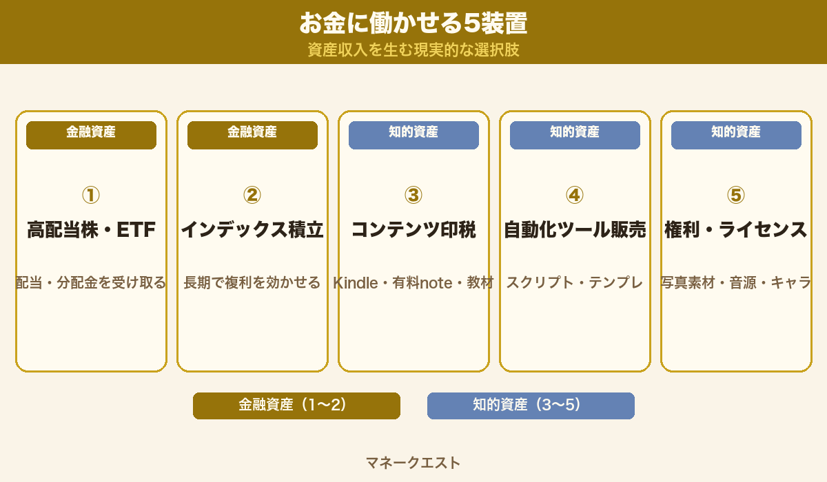 お金に働かせる5装置：高配当株・インデックス積立・コンテンツ印税・自動化ツール・権利ライセンス