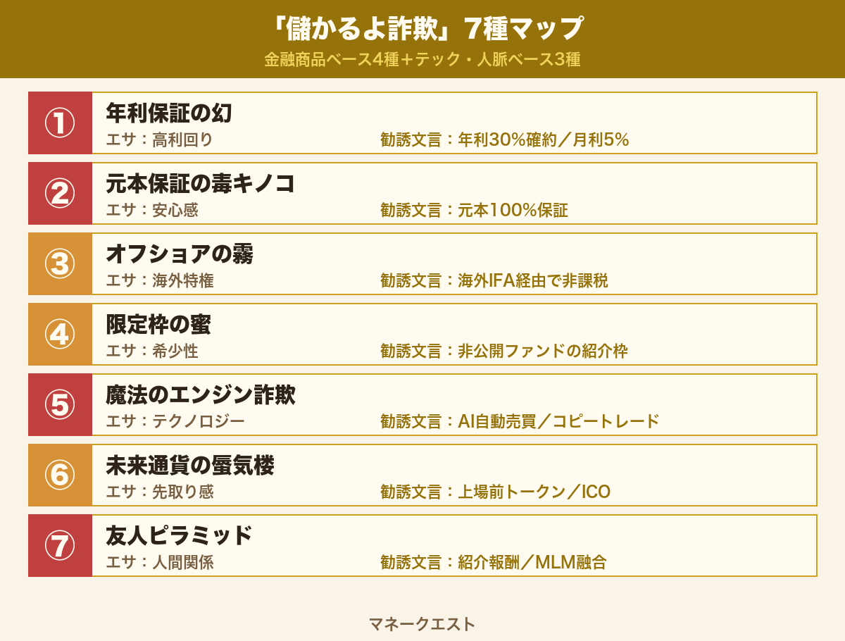 儲かるよ詐欺7種マップ｜金融商品ベース4種とテック・人脈ベース3種の分類フレームワーク