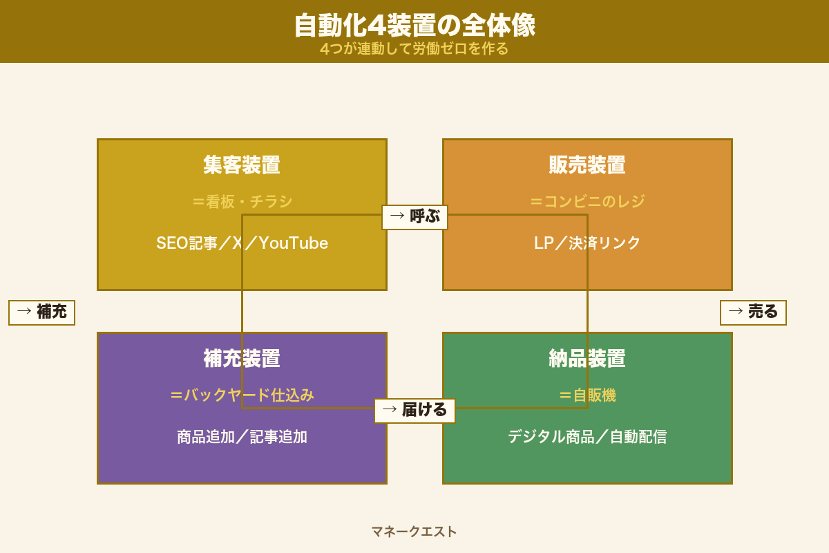 自動化4装置の全体像：集客・販売・納品・補充の連携図