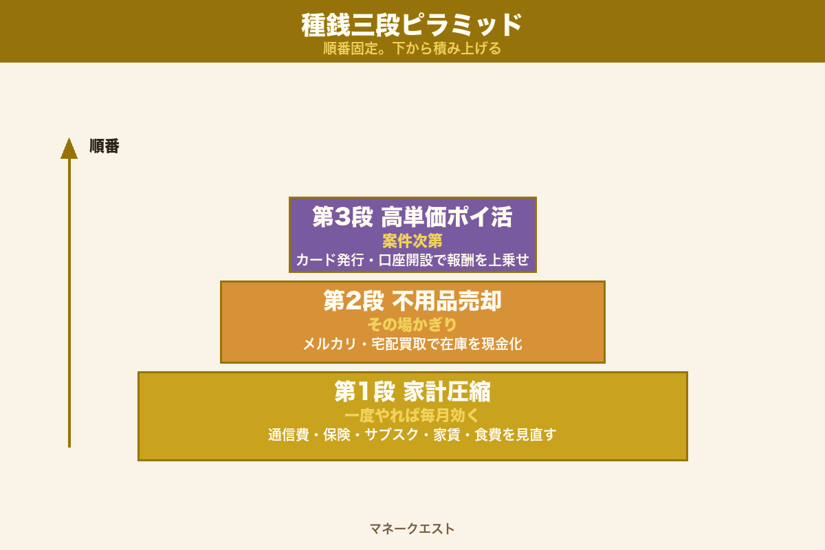 種銭三段ピラミッド：家計圧縮（ストック型）／不用品（フロー型）／ポイ活（案件依存型）