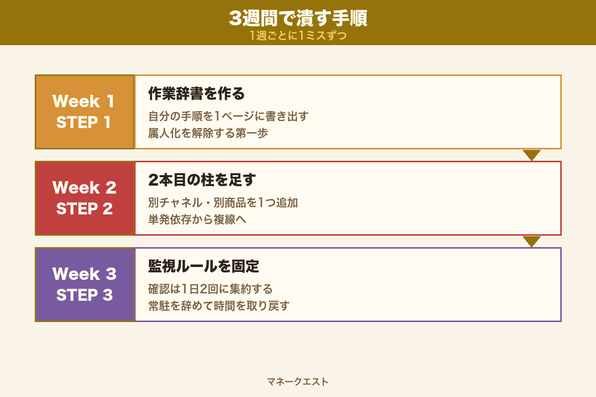 3つの設計ミスを潰す順番(属人化→単発依存→監視常駐)の3週間ステップ図