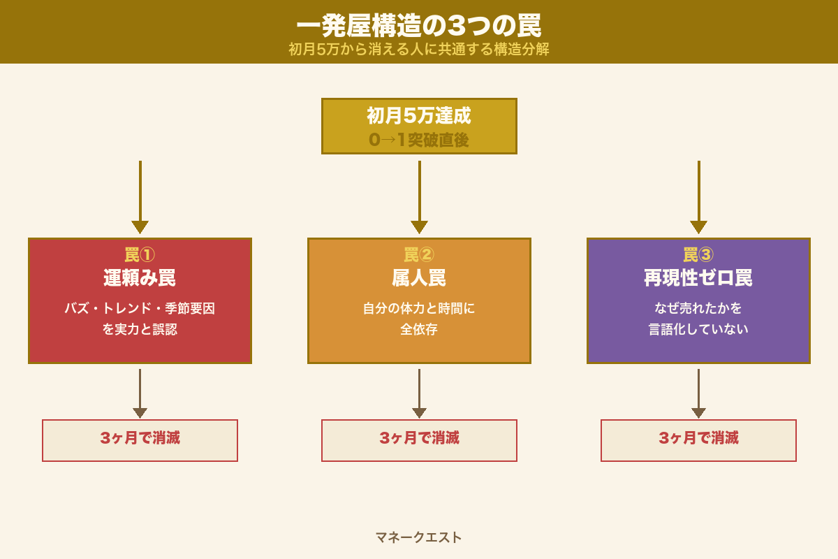 一発屋構造の3つの罠｜運頼み罠・属人罠・再現性ゼロ罠の構造マップ