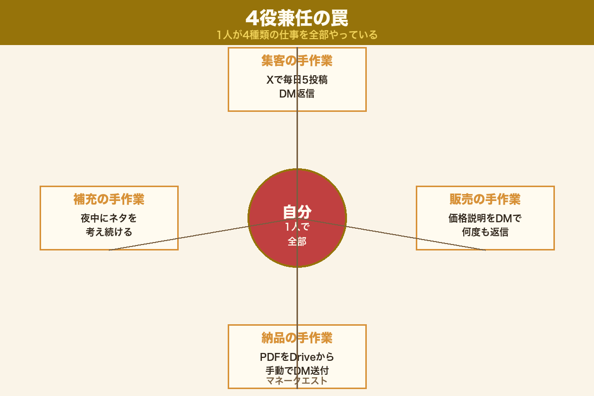 4役兼任の罠：1人が集客・販売・納品・補充の全てを手作業でやっている図