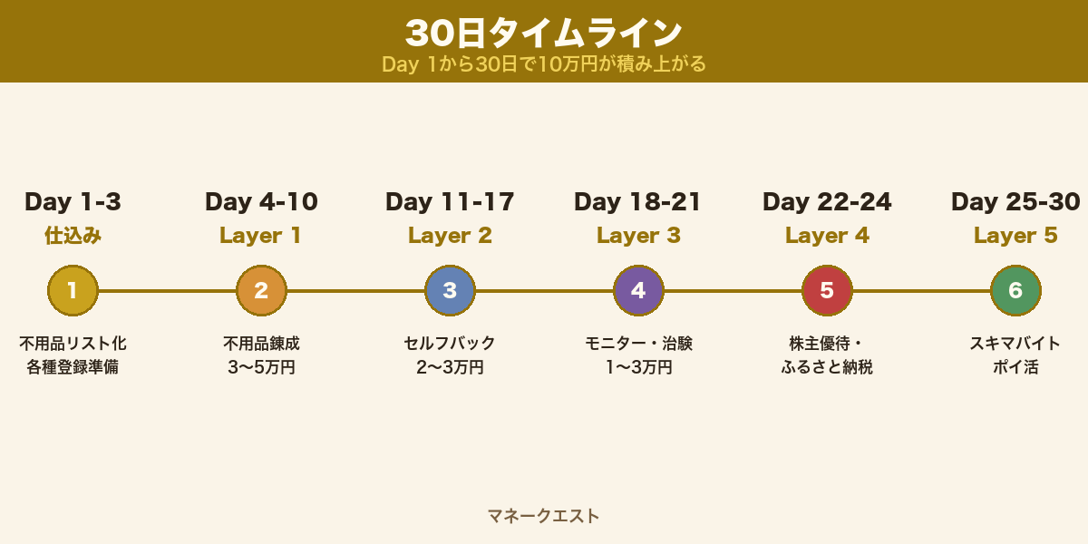 30日種銭錬成タイムライン（Day1からDay30まで5層の積み上げ図）
