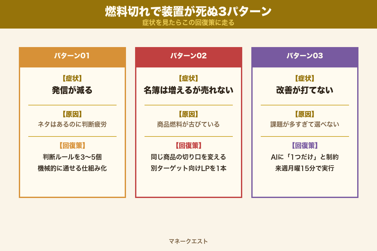 燃料切れで装置が死ぬ3パターンと回復策の対比図