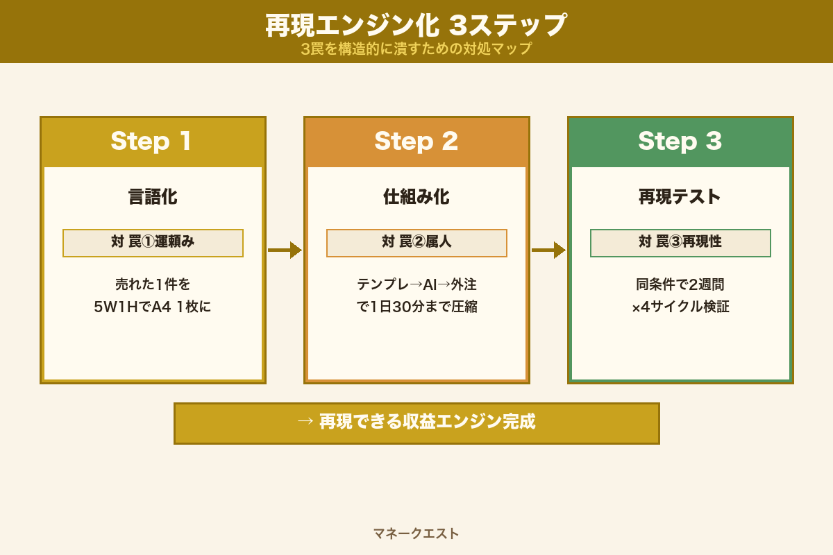 再現エンジン化3ステップ｜Step1言語化／Step2仕組み化／Step3再現テストのフロー図