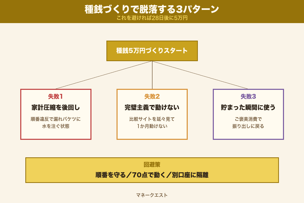 種銭づくりで脱落する3つの失敗パターン分岐図