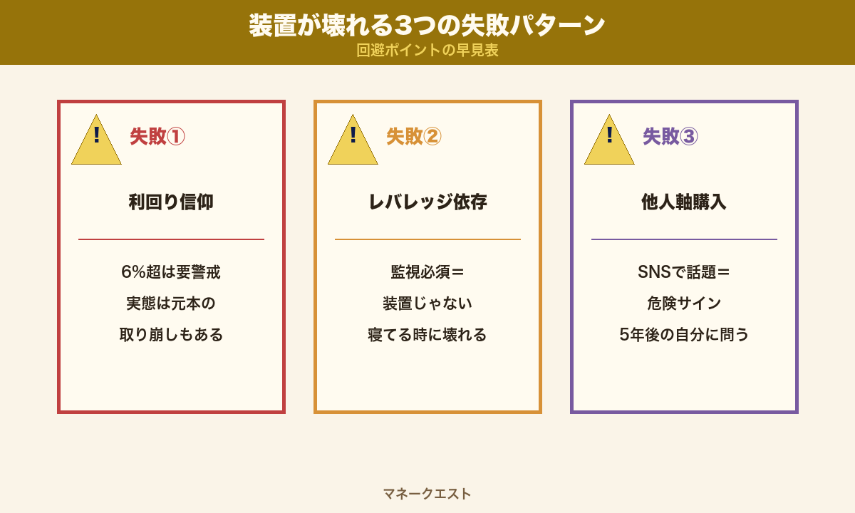 装置が壊れる3つの失敗パターン：利回り信仰／レバレッジ依存／他人軸購入