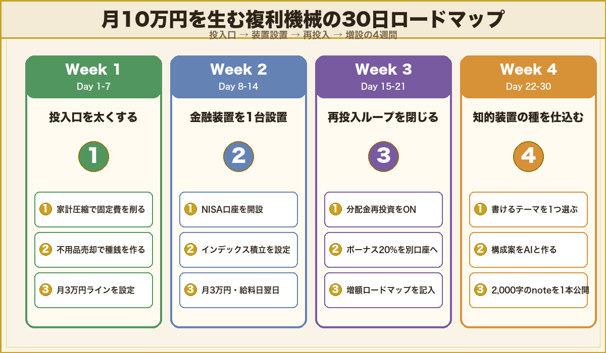 月10万円を生む複利機械の30日ロードマップ：Week1投入口・Week2金融装置・Week3再投入・Week4知的装置増設