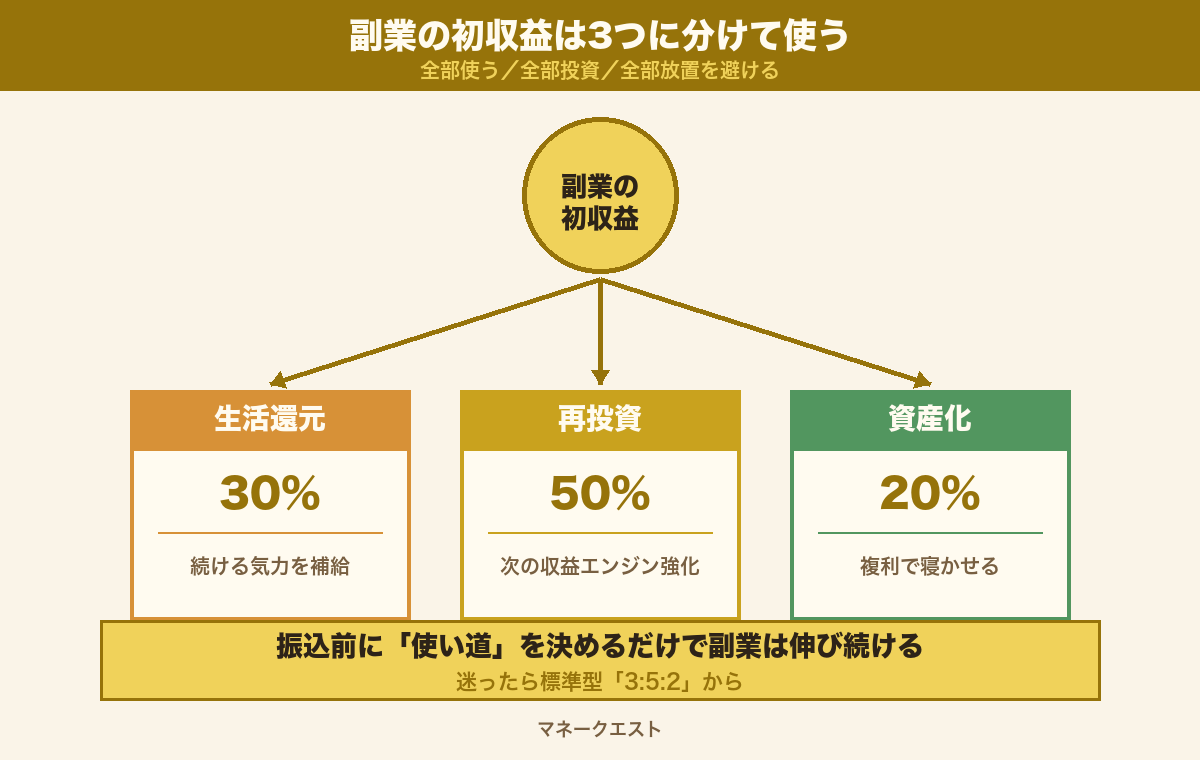 副業の初収益を「生活還元・再投資・資産化」の3軸に分ける概念図