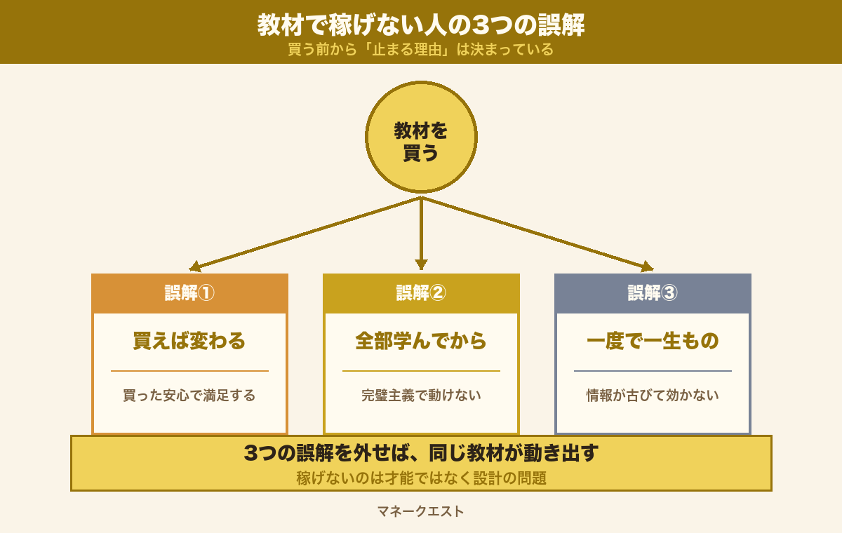 副業の教材で稼げない3つの誤解（買えば変わる・全部学んでから・一度で一生もの）を示した概念図