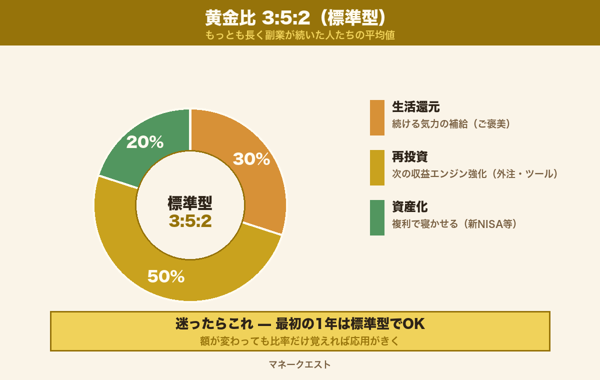 分配3軸の黄金比3:5:2をドーナツチャートで示した図