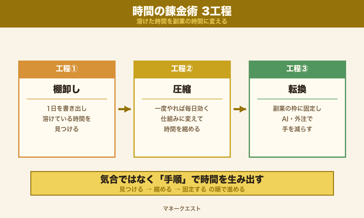 時間の錬金術3工程(棚卸し→圧縮→転換)のフロー図解