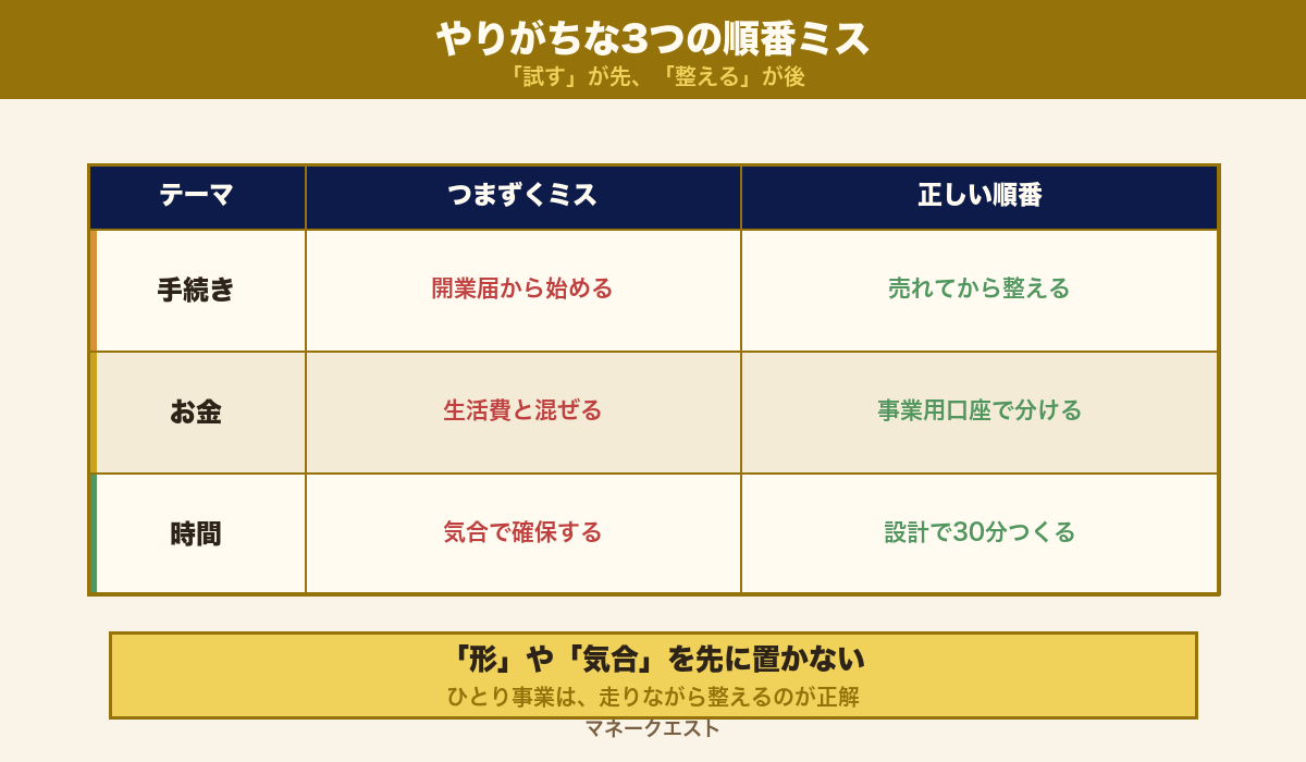 ひとり事業を始める前にやりがちな3つの順番ミス(手続き先行・お金の混同・時間の無計画)と正しい順番の図