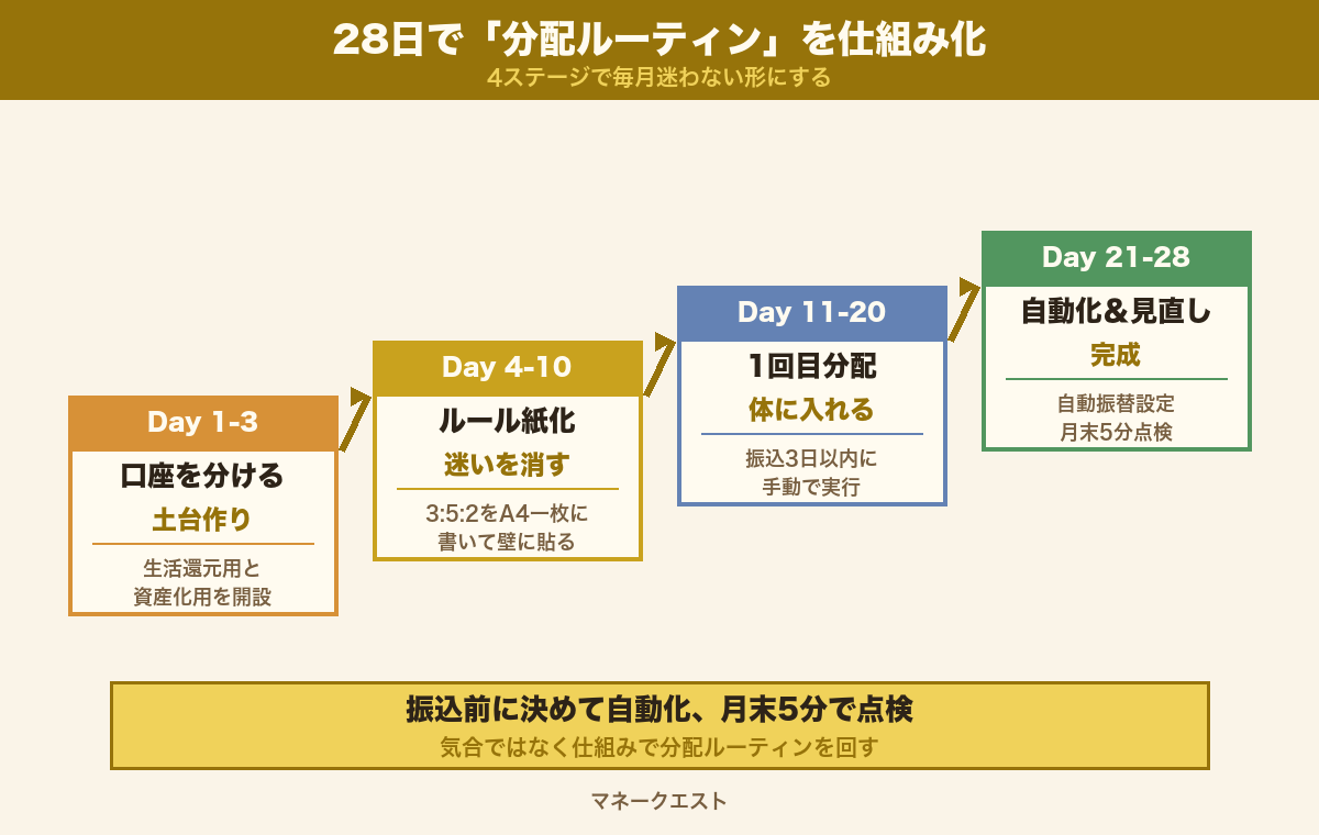 副業の初収益を分配3軸で運用するための28日ロードマップ図
