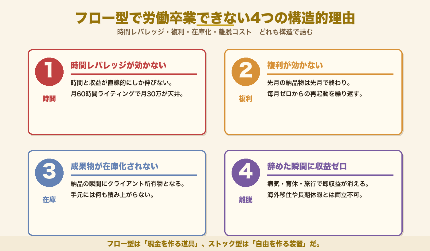 フロー型副業で労働卒業できない4つの構造的原因｜時間レバレッジ・複利・在庫化・離脱コストを4象限で図解