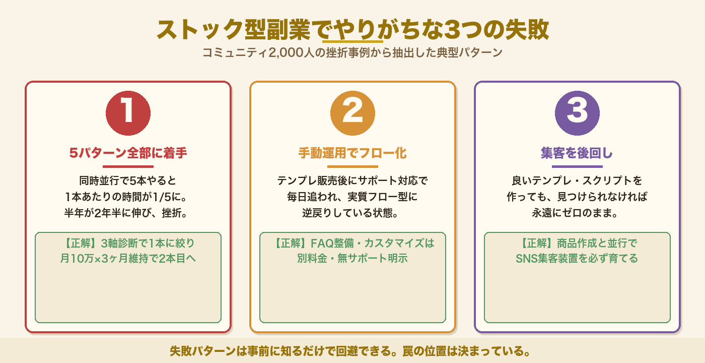 ストック型副業でやりがちな3つの失敗｜分散着手・手動運用・集客後回しを3カードで図解