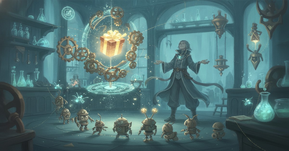 登録される無料特典の作り方。魔法の工房で錬金術師が、光る贈り物の箱を作り、小さな来訪者の列を引き寄せているアイキャッチ。