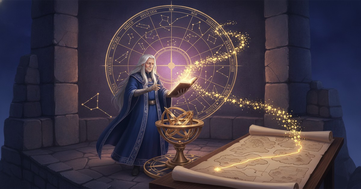 発信ネタが尽きない人の作り方。星明かりの地図室で、降ってくるアイデアの星を錬金術師が開いたノートに次々と書き留めるアイキャッチ。