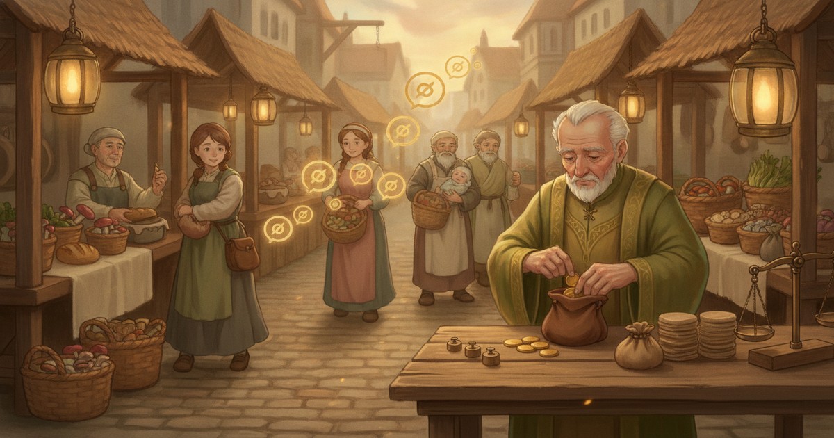 口コミが広がらない理由を伝言ゲームで読み解くアイキャッチ。錬金術師のもとから、感謝した人々が金色の声のオーブを次の人へ次々に手渡し、賑わう市場の通りを伝わっていくJRPG風イラスト。