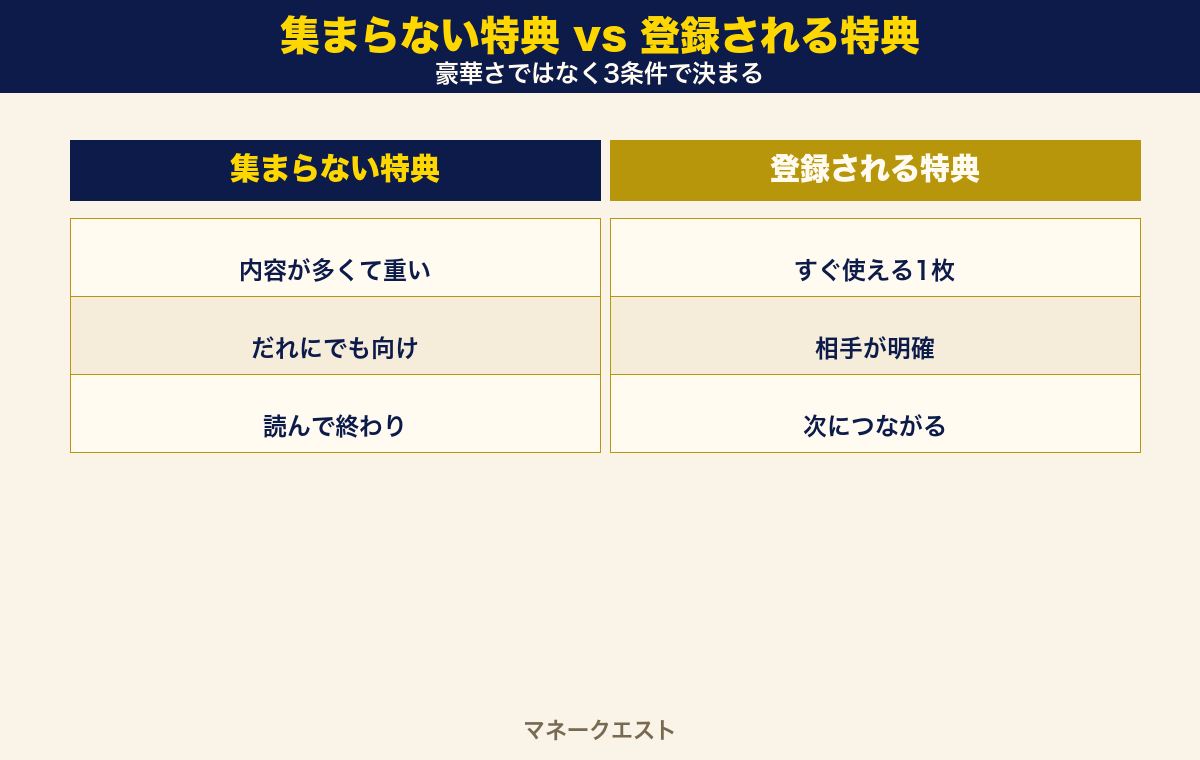 集まらない特典と登録される特典の比較。集まらない特典は内容が多い・対象があいまい・読んで終わり、登録される特典はすぐ使える・対象が明確・次につながるという違いを左右に並べた図。