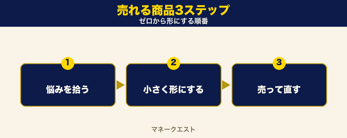 売れる商品3ステップの図。悩みを拾う、小さく形にする、売って直すの3段階を左から右へ並べた手順図。