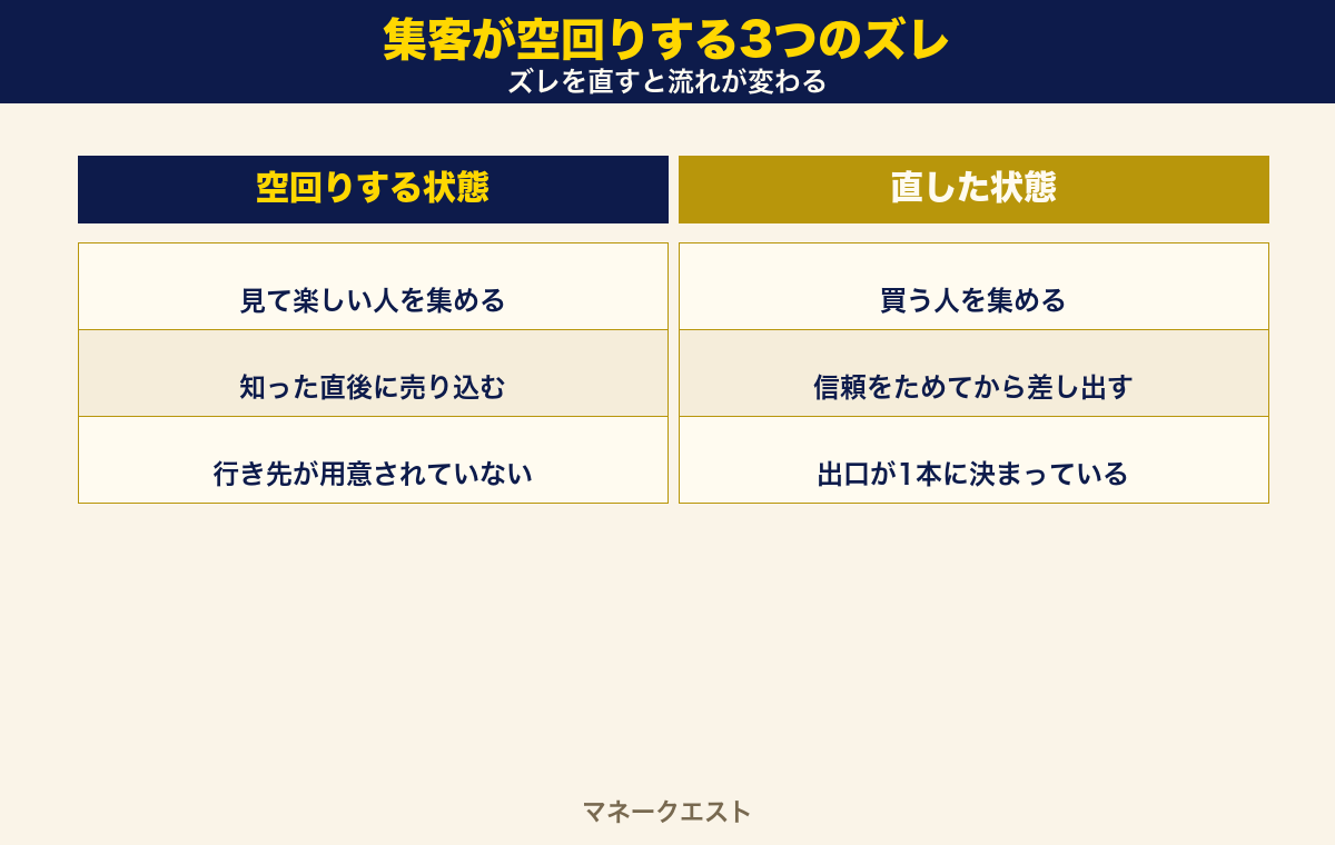 集客が空回りする3つのズレを左右で並べた図。相手のズレ・タイミングのズレ・出口のズレの3つを、空回りする状態と直した状態で比べている。