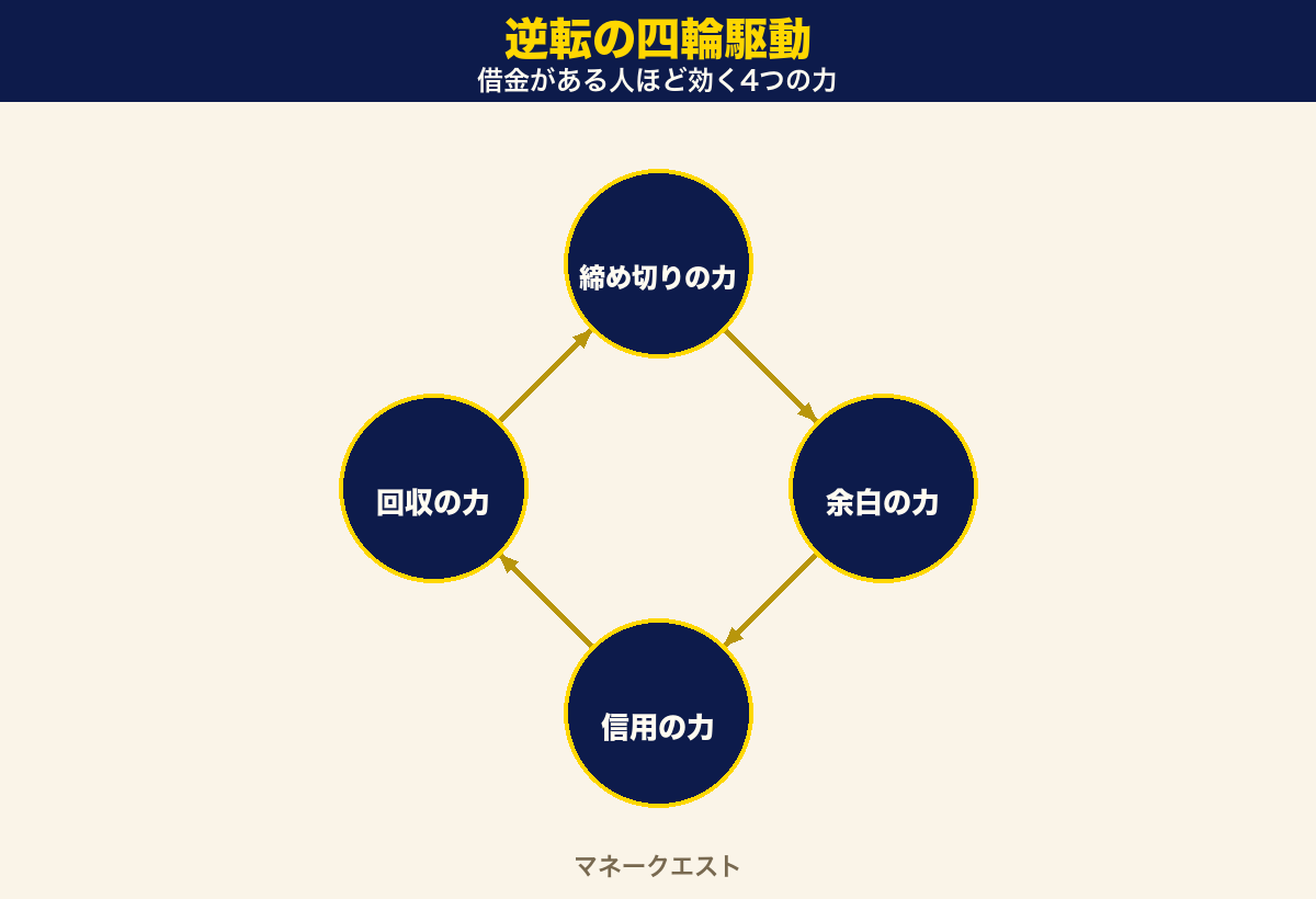 逆転の四輪駆動。締め切りの力・余白の力・信用の力・回収の力という4つの力が循環して逆転を後押しする図