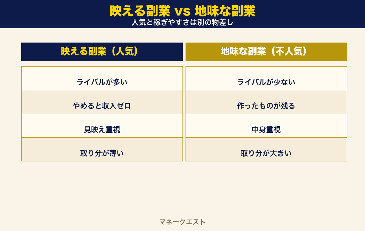 映える副業と地味な副業の比較。映える副業はライバル多・使い切り・演出重視、地味な副業はライバル少・積み上げ式・中身重視という違いを左右に並べた図