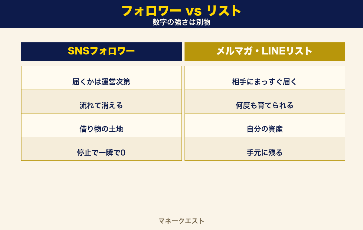 SNSフォロワーとメルマガ・LINEリストの比較。フォロワーは借り物の土地で届くかは運営次第、リストは自分の資産で確実に届くという違いを左右に並べた図。