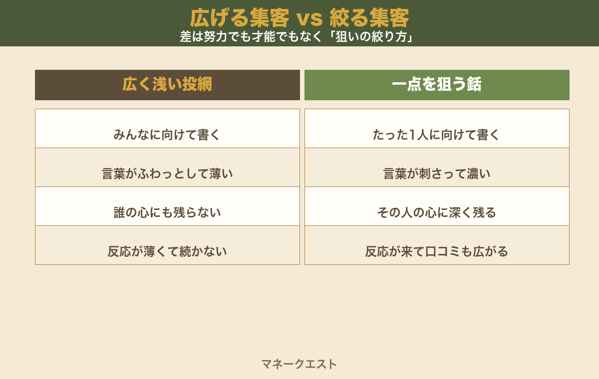 広げる集客と絞る集客を左右で比べた比較図。みんなに向けて書く・言葉が薄い・誰の心にも残らない・反応が薄い広く浅い投網と、たった1人に向けて書く・言葉が刺さる・心に深く残る・反応と口コミが来る一点を狙う銛の違いを並べた図。