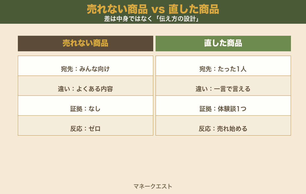 売れない商品と直した商品の比較図。宛先がみんな向け・違いがよくある内容・証拠がなし・反応がゼロの売れない商品と、宛先がたった1人・違いが一言で言える・証拠が体験談1つ・反応が売れ始めるに変わった直した商品の違いを、宛先と違いと証拠と反応の4行で左右に並べた図。