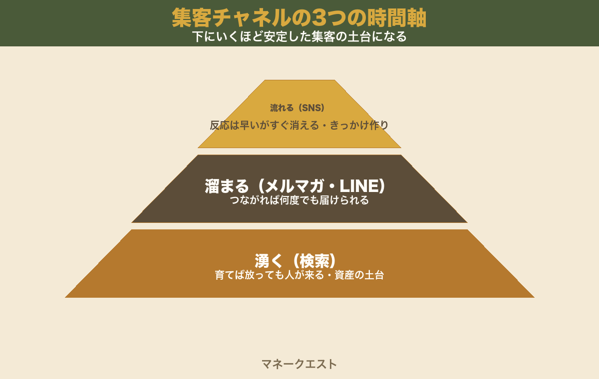 集客チャネルの3つの時間軸を示すピラミッド図。下段に湧く=検索(土台・資産になる)、中段に溜まる=メルマガ・LINE、上段に流れる=SNS、と3段で表し、下にいくほど人が安定して集まる土台になることを示す。