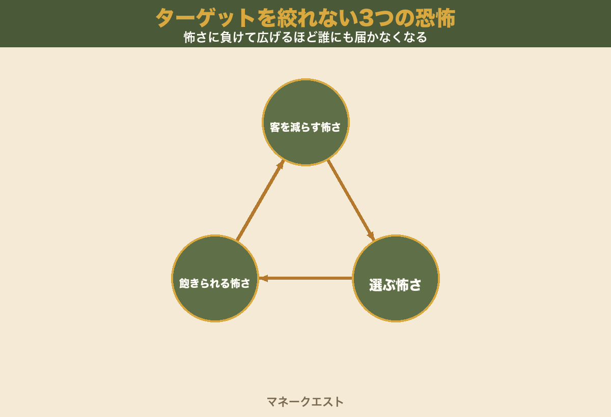 ターゲットを絞れない3つの恐怖を示す循環図。客を減らす怖さ・選ぶ怖さ・飽きられる怖さの3つがぐるぐる回り、怖さに負けて広げるほど誰にも届かなくなることを示す。