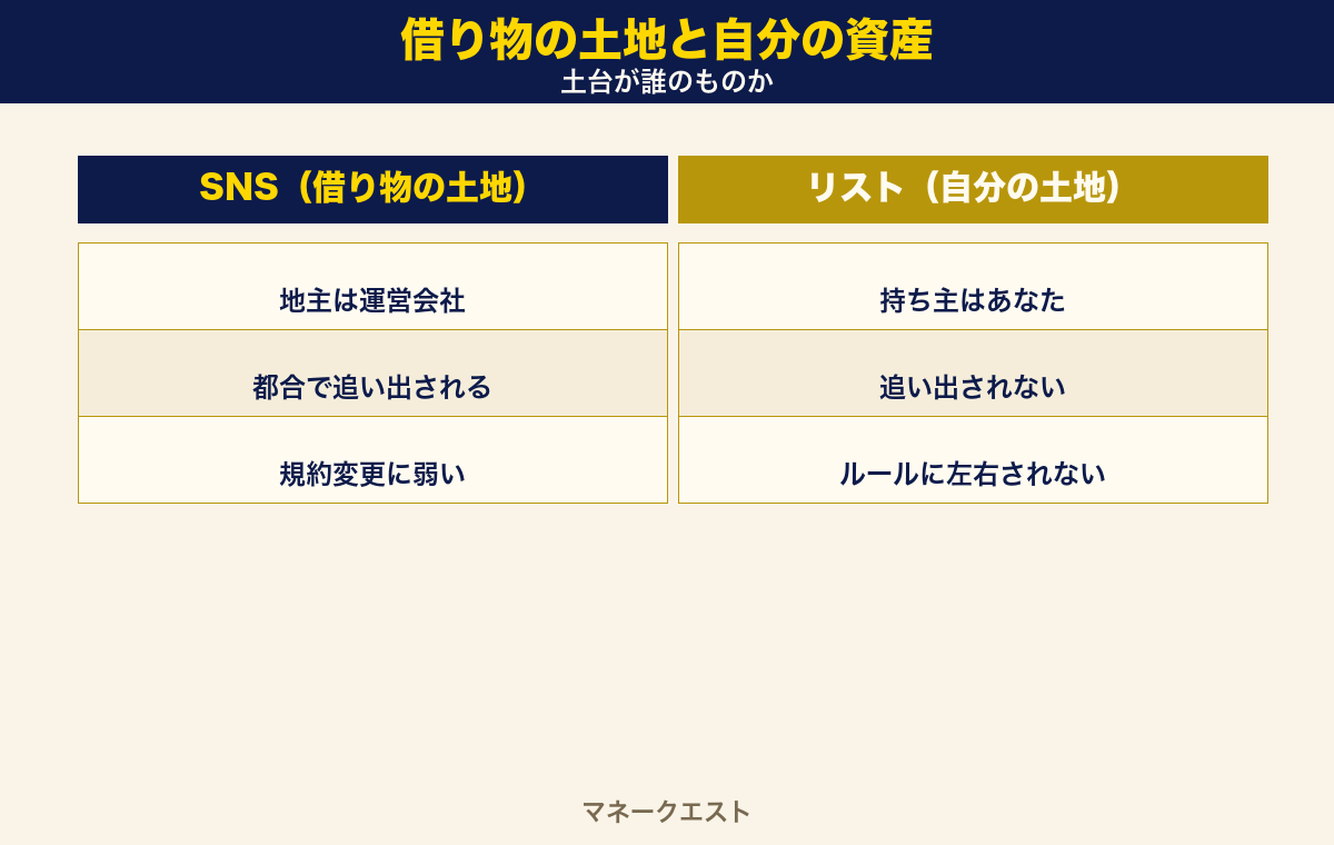 借り物の土地と自分の資産の対比。SNSは運営の土地でいつでも追い出される、メルマガ・LINEの連絡先は自分の手元に残るという2つの状態を並べた概念図。