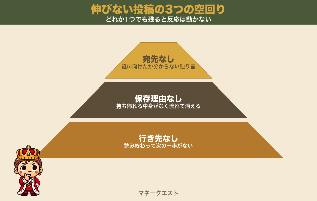 伸びない投稿の3つの空回りを、宛先なし・保存理由なし・行き先なしの3段で積み上げて示し、考え込む錬金王マスコットを左下に配した図