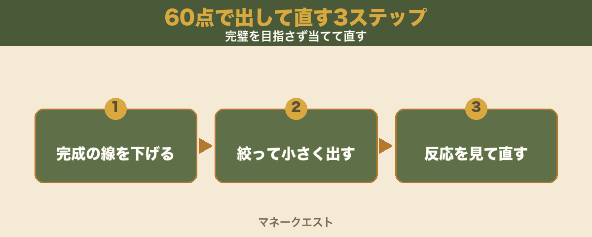 60点で出して直す3ステップを、完成の線を下げる・絞って小さく出す・反応を見て直す、の3ステップで左から右へ矢印でつないだ図