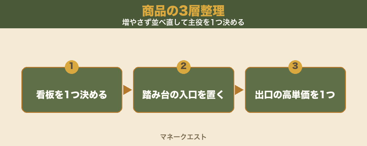 商品の3層整理を、看板商品を1つ決める・踏み台の入口を置く・出口の高単価を1つ用意する、の3ステップで左から右へ矢印でつないだ図