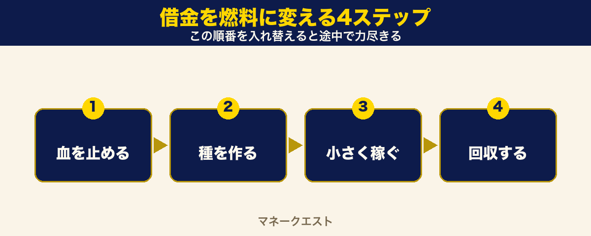 借金を燃料に変える4ステップ。血を止める→種を作る→小さく稼ぐ→回収するの順番を左から右へ示した図