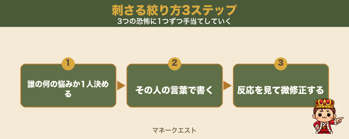刺さる絞り方3ステップのステップ図。誰の何の悩みか1人決める・その人の言葉で書く・反応を見て微修正する、の順に左から並び、3つの恐怖に1つずつ手当てしていくことを示す。