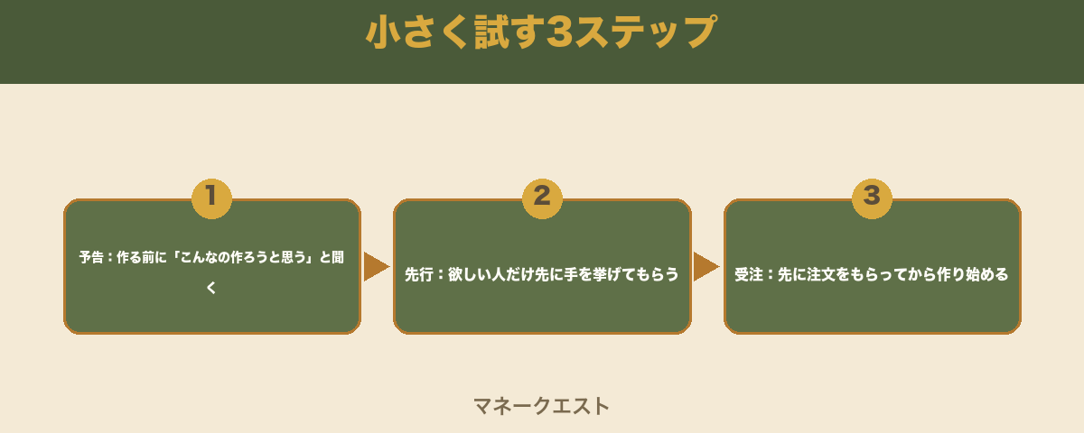 小さく試す3ステップ（予告・先行・受注）を左から右へステップで示した図