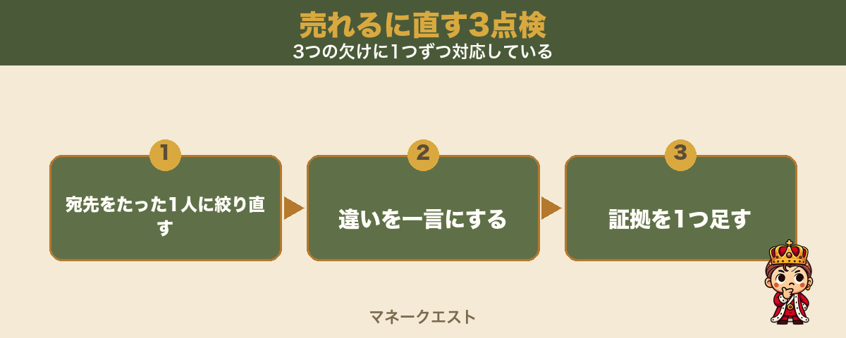 売れるに直す3点検のステップ図。宛先をたった1人に絞り直す・違いを一言にする・証拠を1つ足す、の順に左から並び、考え中の表情の錬金王マスコットが添えられた、この3つで反応ゼロを売れるに変えられることを示す図。