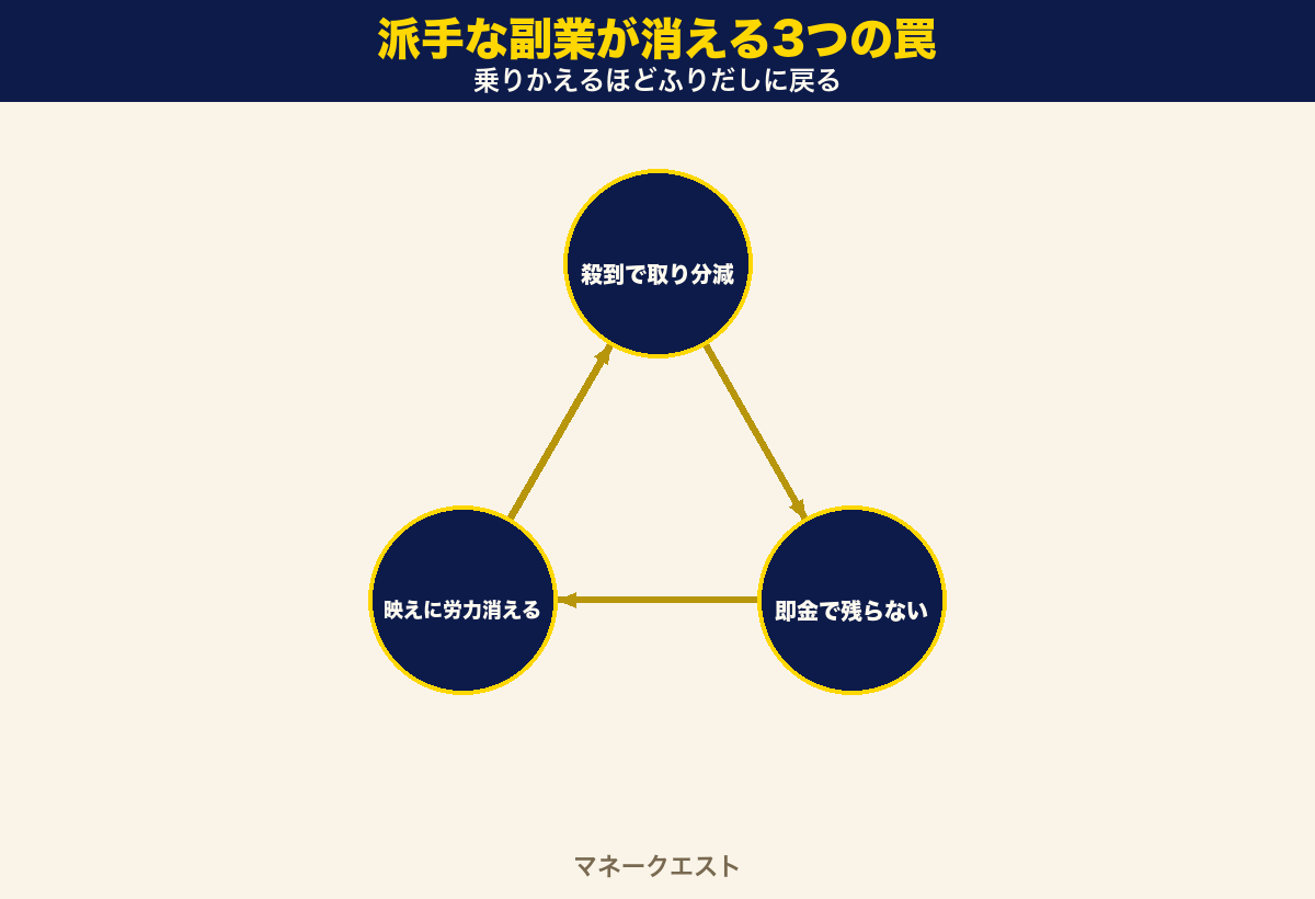 派手な副業が消える3つの罠。殺到で取り分が減る・即金で残らない・映えに労力が消えるの3つが循環し、乗りかえるほどふりだしに戻る図